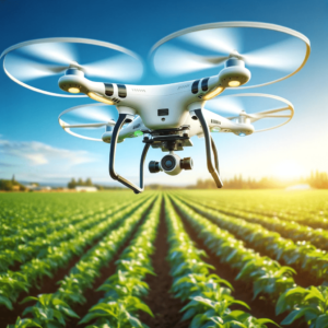 A drone flying over a farm for crop monitoring.