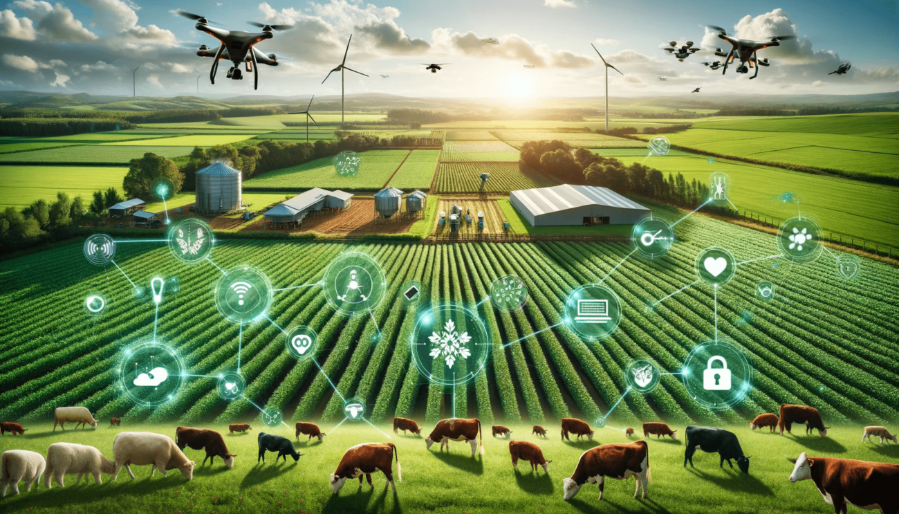 An advanced IoT-enabled farm showcasing various technologies.