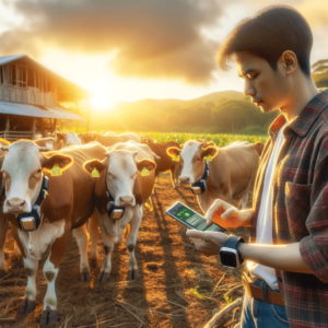 A farmer using a device to check the health data of cows with IoT collars.