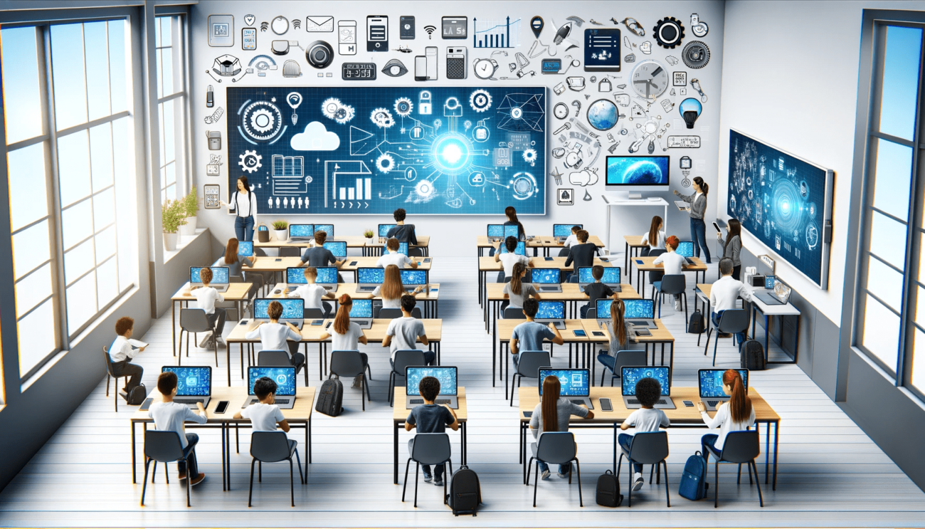 A modern classroom equipped with IoT devices.